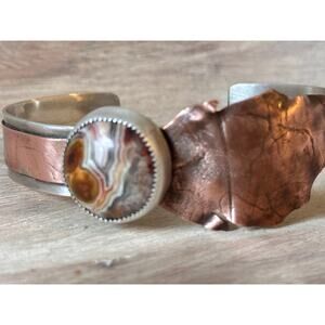 Round lace agate stone copper and silver cuff bracelet